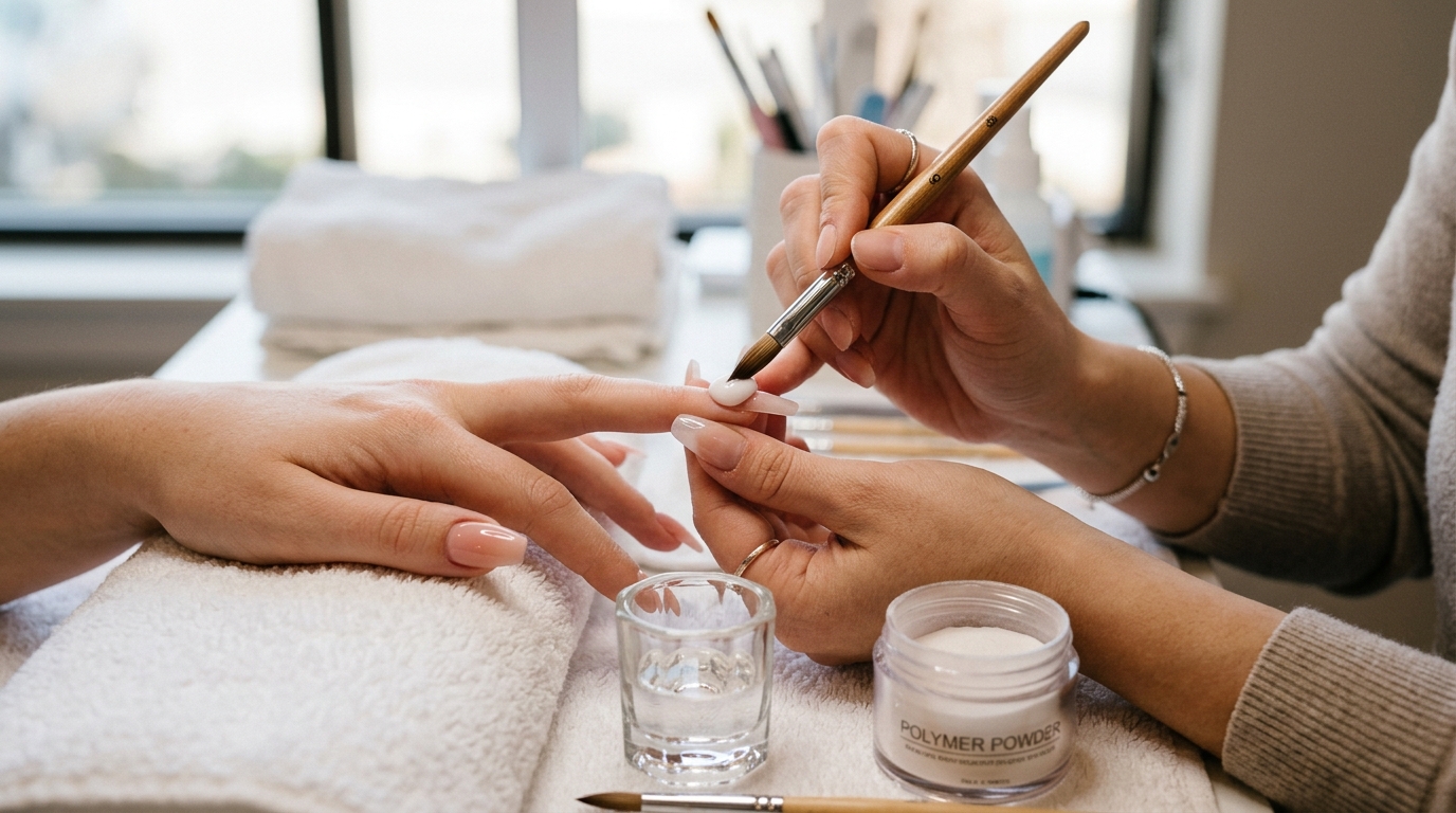 Nail technician sculpting acrylic nails with liquid monomer and polymer powder in a salon setting