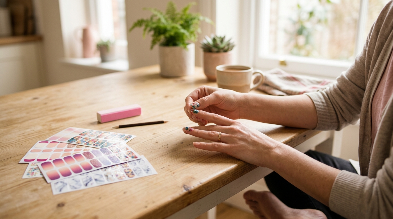 At-home gel nail wraps applied at a kitchen table as an alternative to acrylic vs gel nails