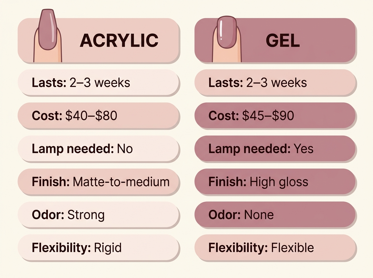 Infographic comparing acrylic vs gel nails durability cost removal finish and lamp requirements
