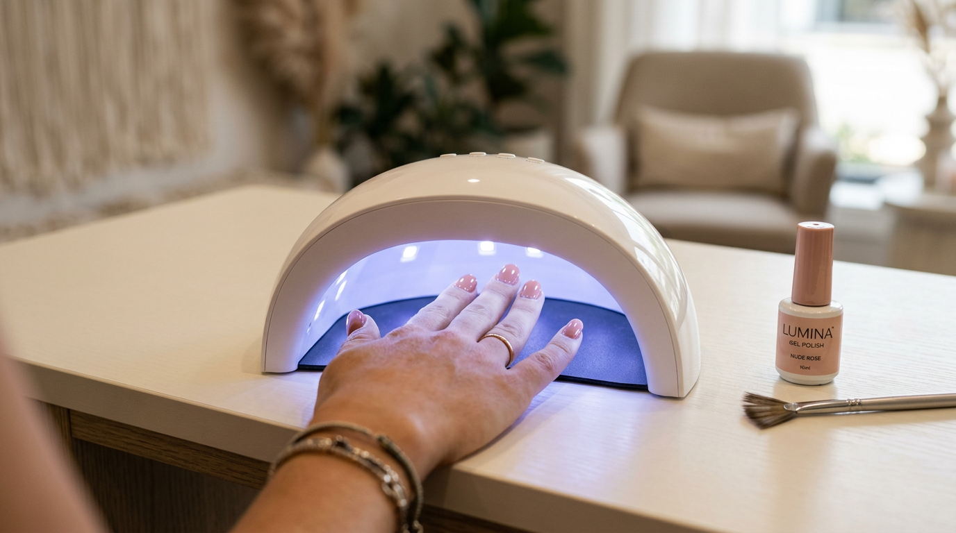 Hand with glossy gel nails curing under an LED lamp showing gel nails high shine finish