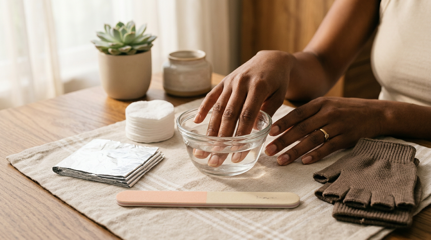 Proper acetone soak-off nail removal showing how to avoid acrylic vs gel nails damage