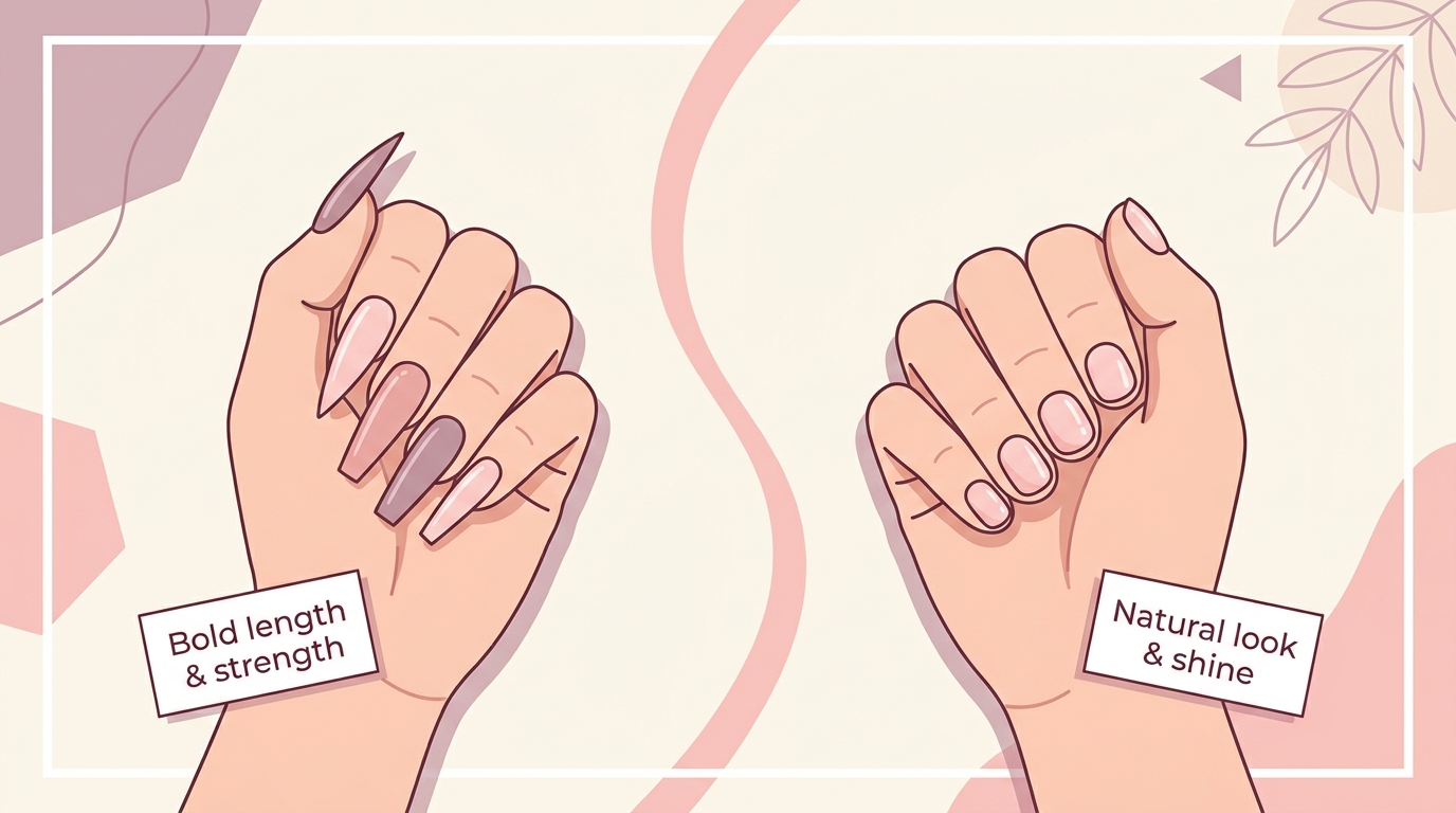 Illustration helping choose between acrylic vs gel nails for bold length or natural shine