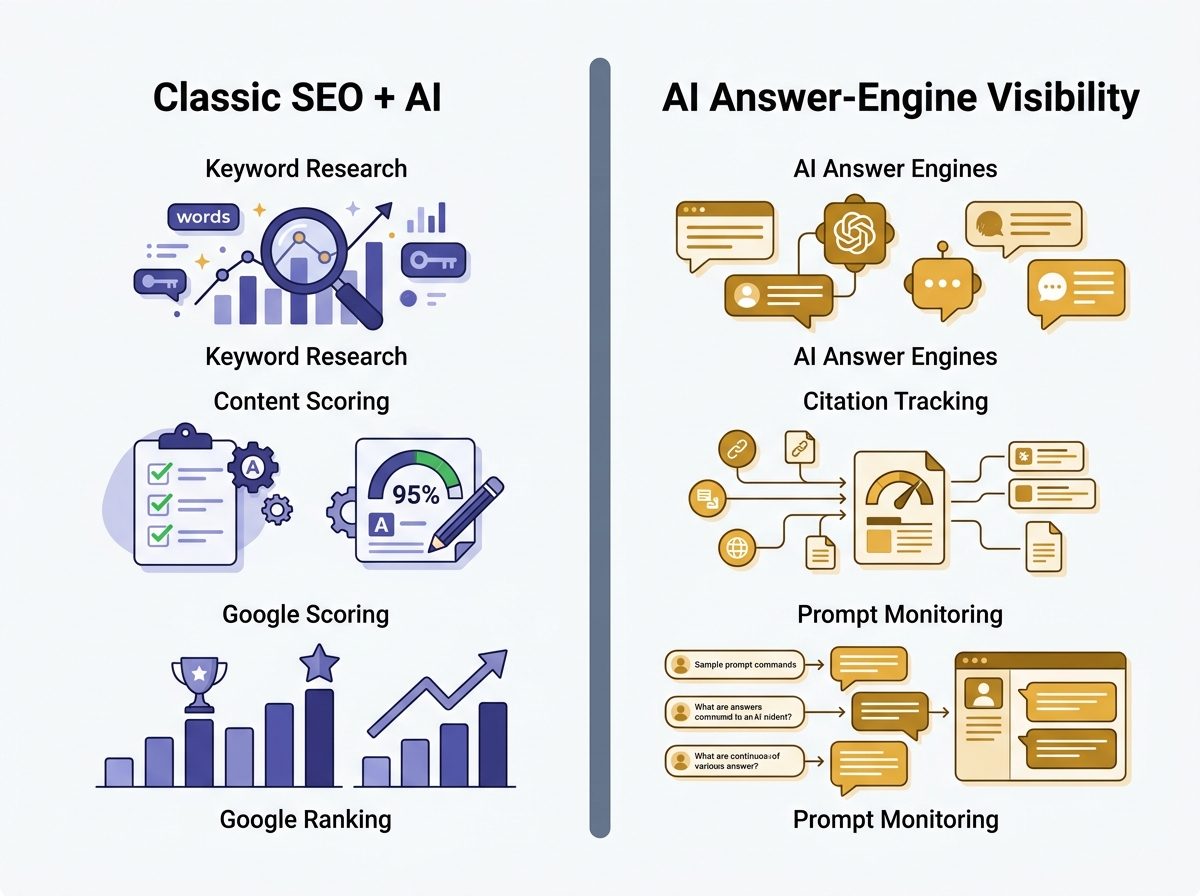 Comparison of two tool families that make up the best AI SEO tools categories in 2026