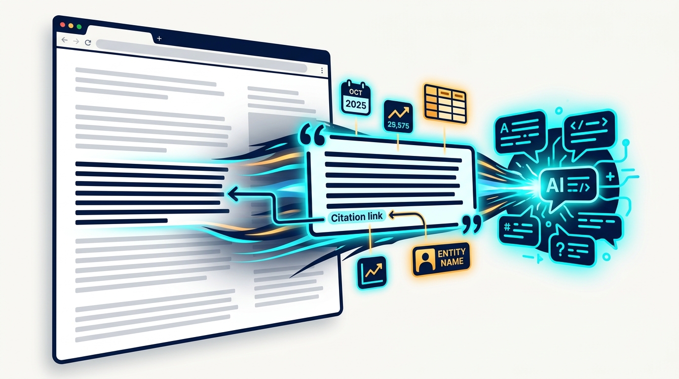 Conceptual image of an AI engine extracting a citable fact-dense passage from a research-first blog article