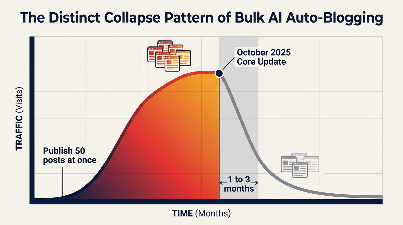 Infographic showing bulk AI auto blogging traffic spiking then collapsing after the October 2025 Core Update