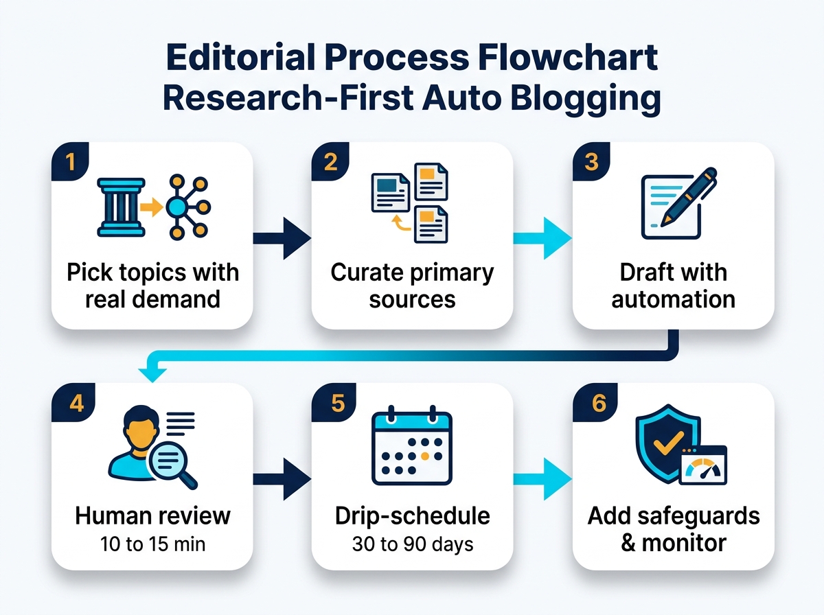 Diagram of the six-step research-first auto blogging method for the new way to do auto blogging in 2026