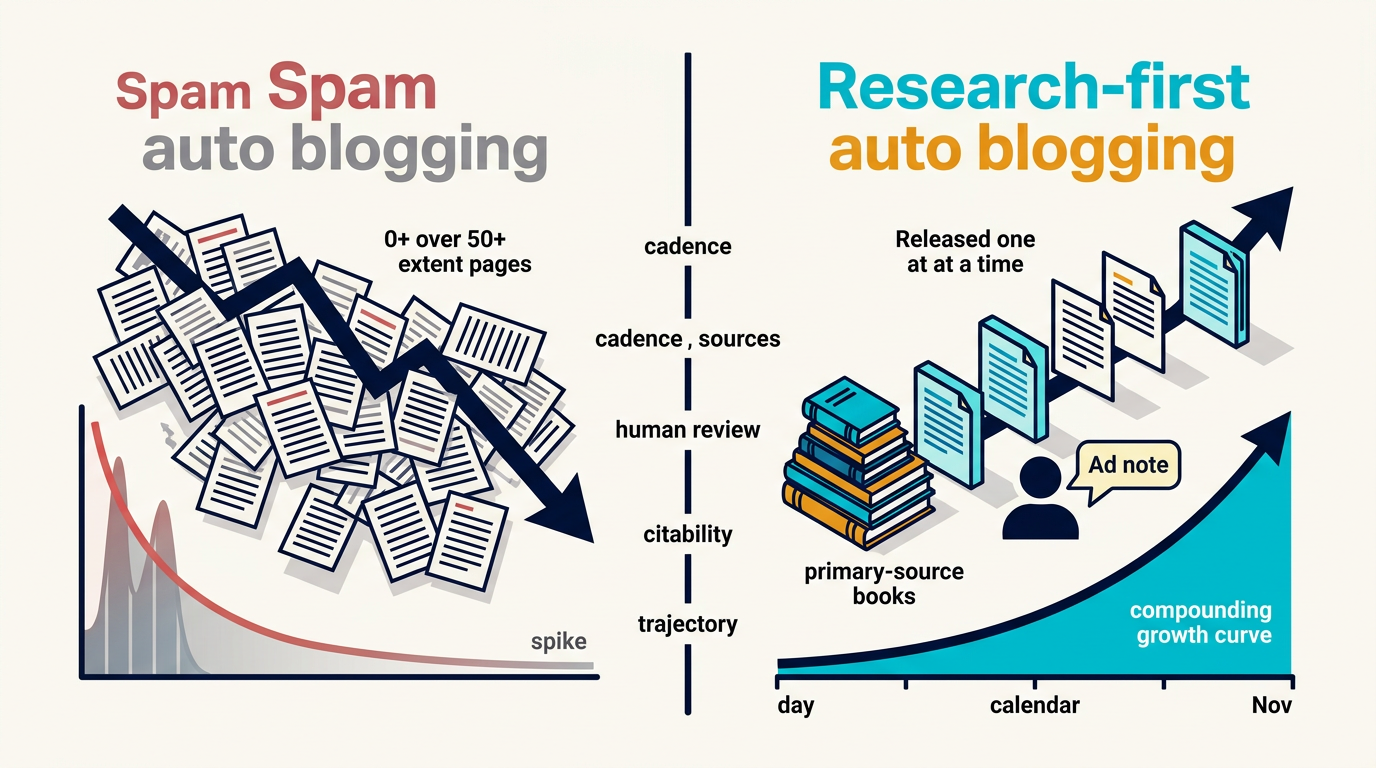 Comparison of spam auto blogging versus research-first auto blogging in 2026 across cadence and trajectory