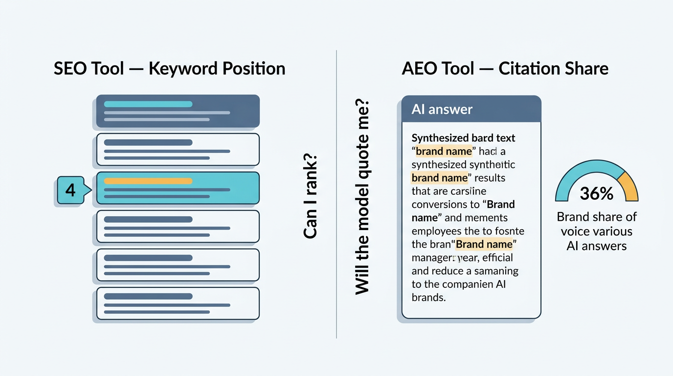 Comparison of answer engine optimization tools measuring citation share versus SEO keyword position