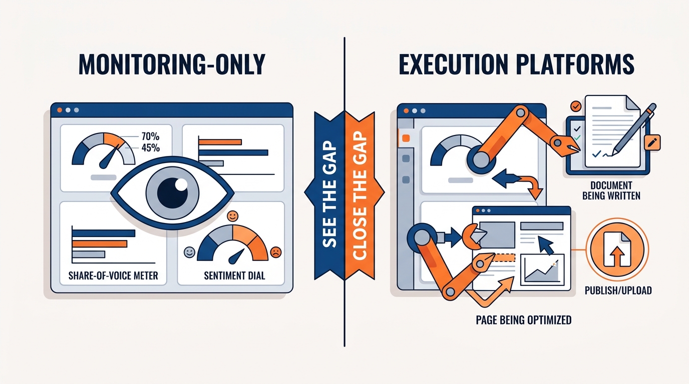 Monitoring-only versus execution answer engine optimization tools shown as two dashboard categories