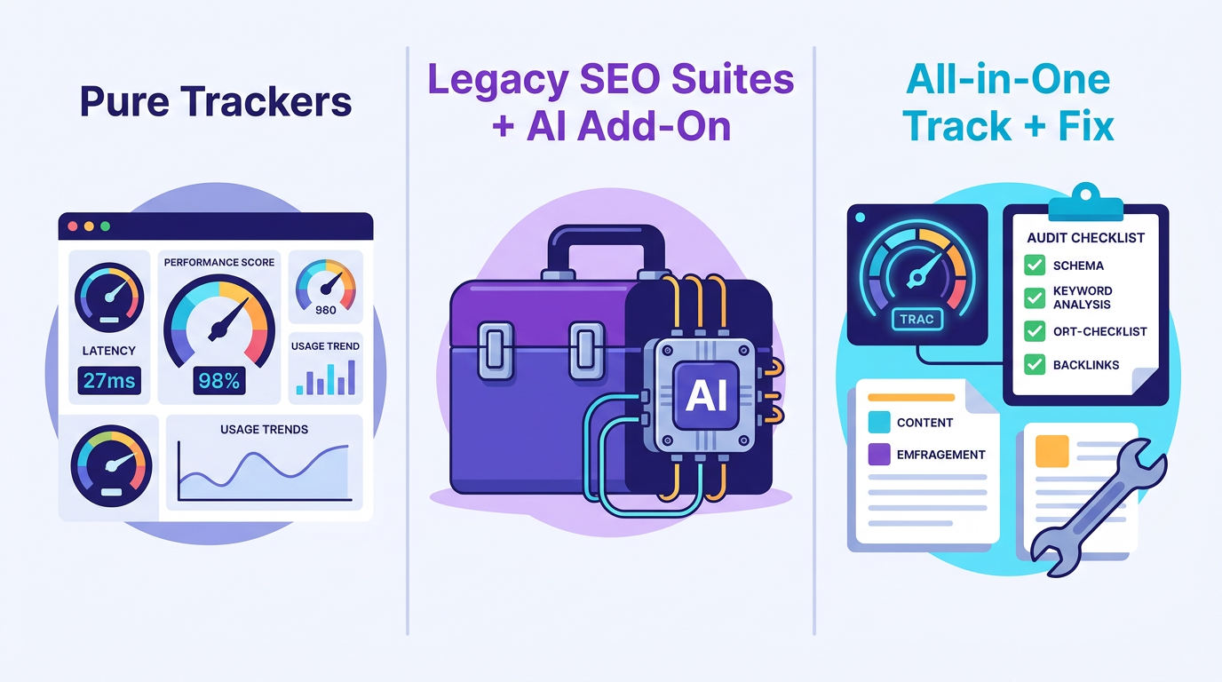 Comparison of best LLM optimization tools for AI visibility split into trackers, SEO suites, and all-in-one platforms