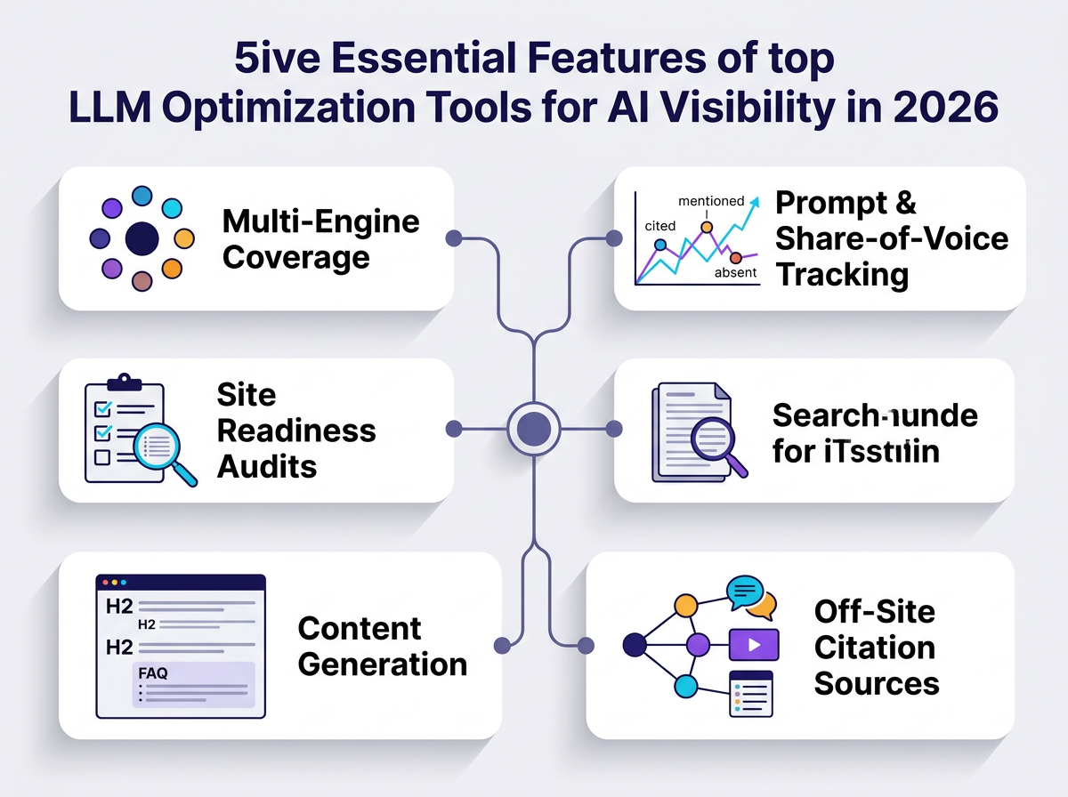 Diagram of the five key features of the best LLM optimization tools for AI visibility in 2026