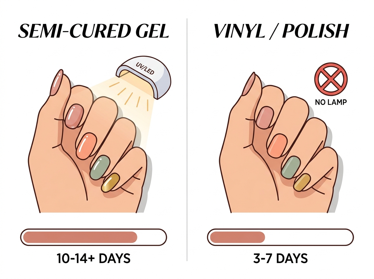 Comparison of semi-cured gel nail wraps versus vinyl polish nail wraps showing wear time and lamp needs