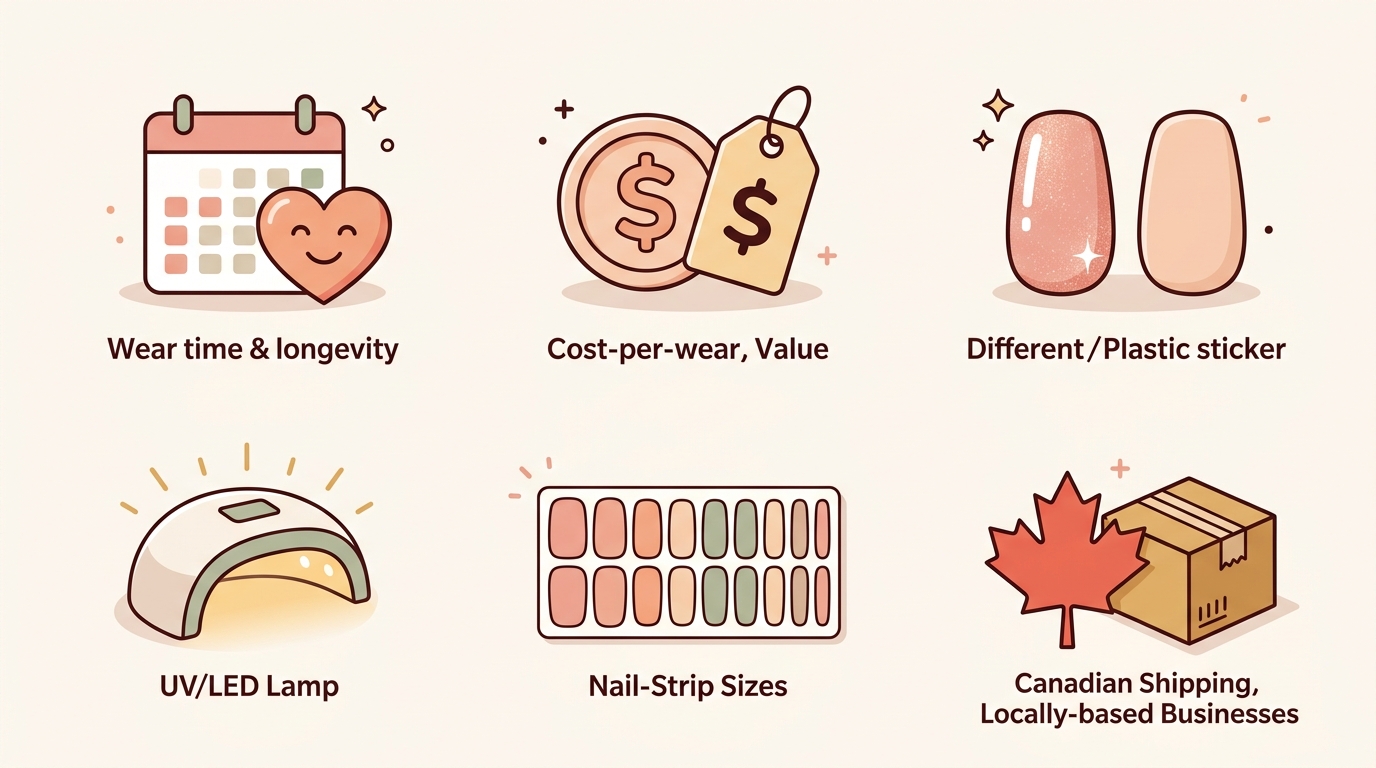 Illustration of six criteria for choosing the best nail wraps including wear time, price, and lamp needs