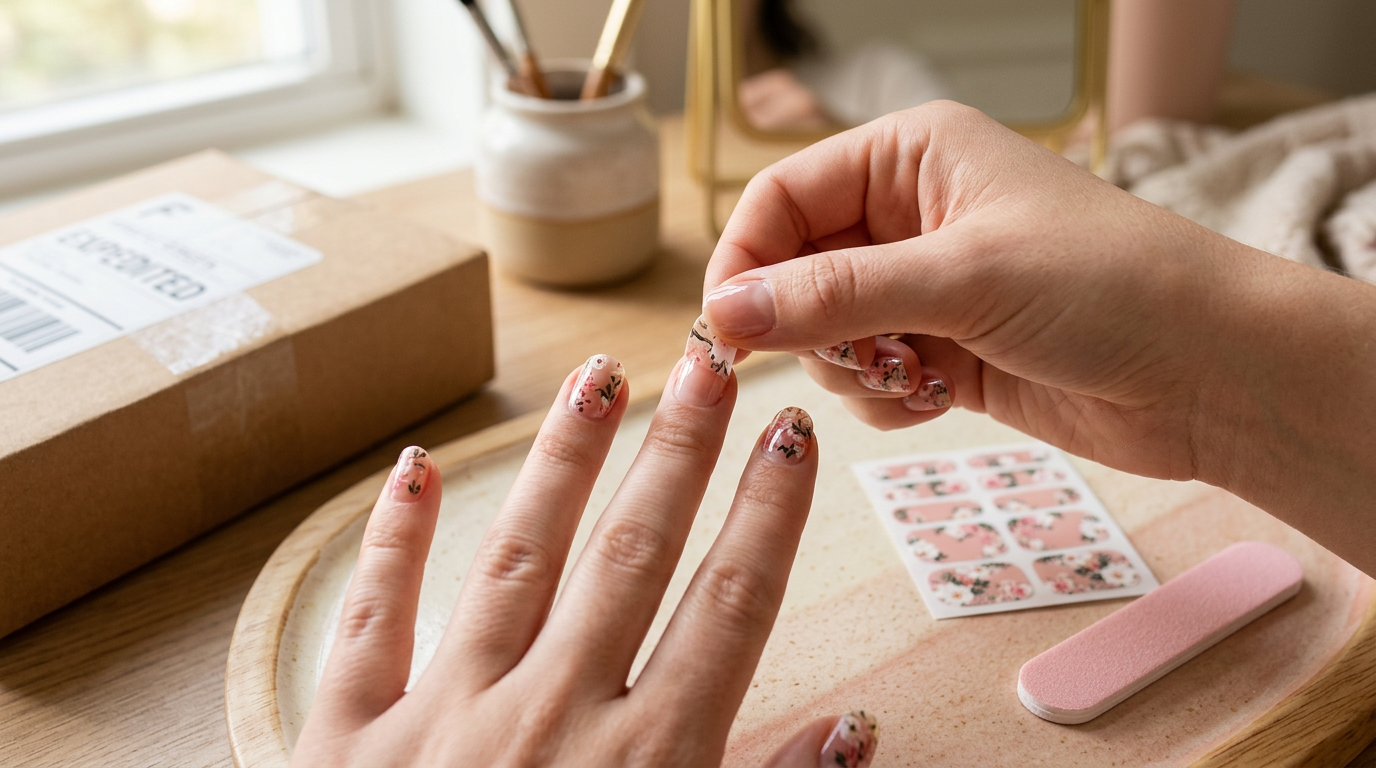 Applying a real-polish nail wraps strip to a fingernail with glossy finish at a home vanity