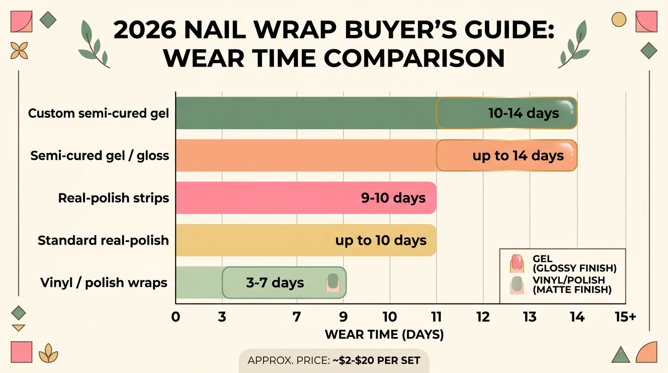 Infographic comparing nail wraps wear time by type from vinyl 3-7 days to gel 14 days with price range