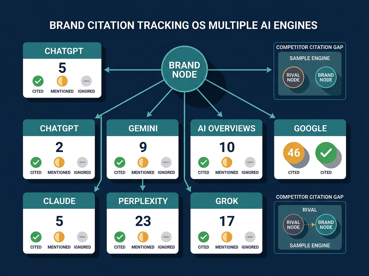 Diagram of agency SEO tools tracking brand citations across six AI engines and Google