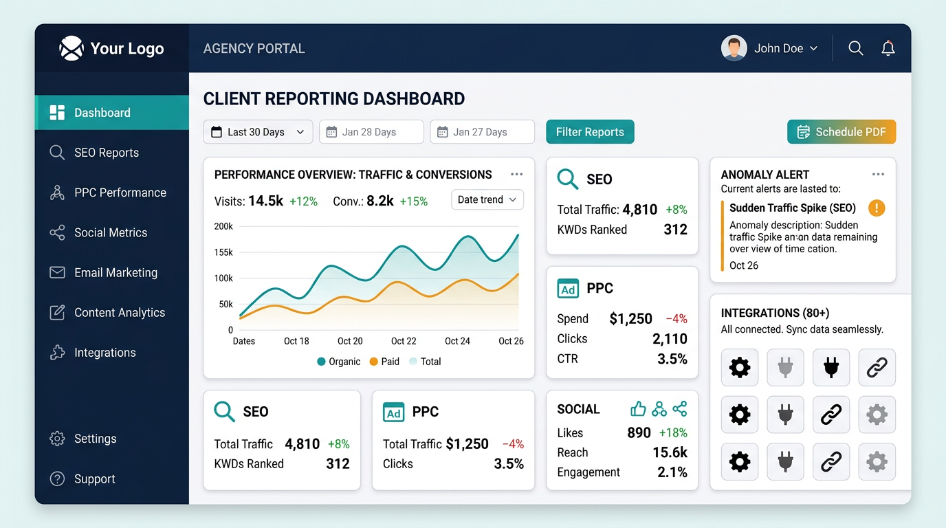 White-label client reporting dashboard mockup illustrating agency SEO tools reporting features