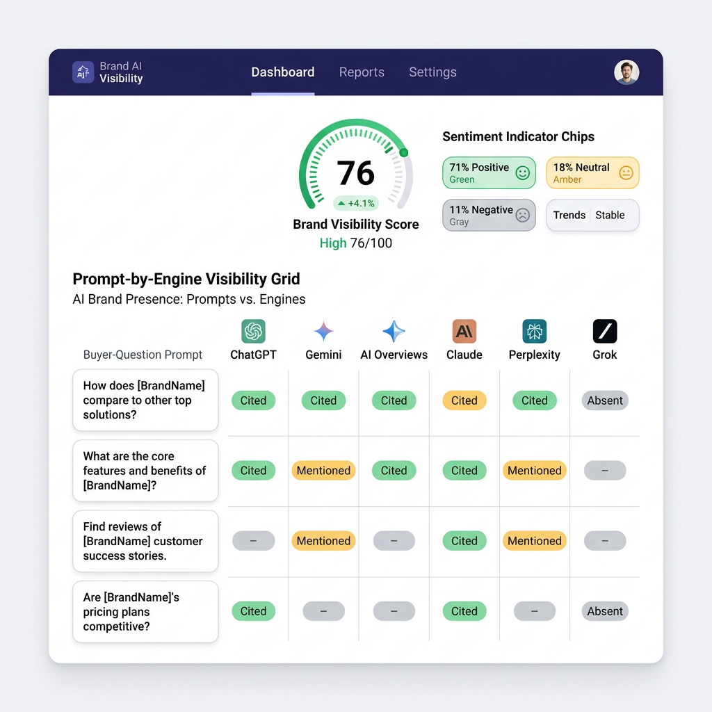 AI brand visibility tools dashboard mockup grading prompts cited mentioned or absent