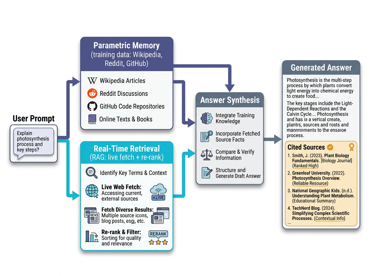 Diagram of how AI engines retrieve and cite sources for AI brand visibility tools