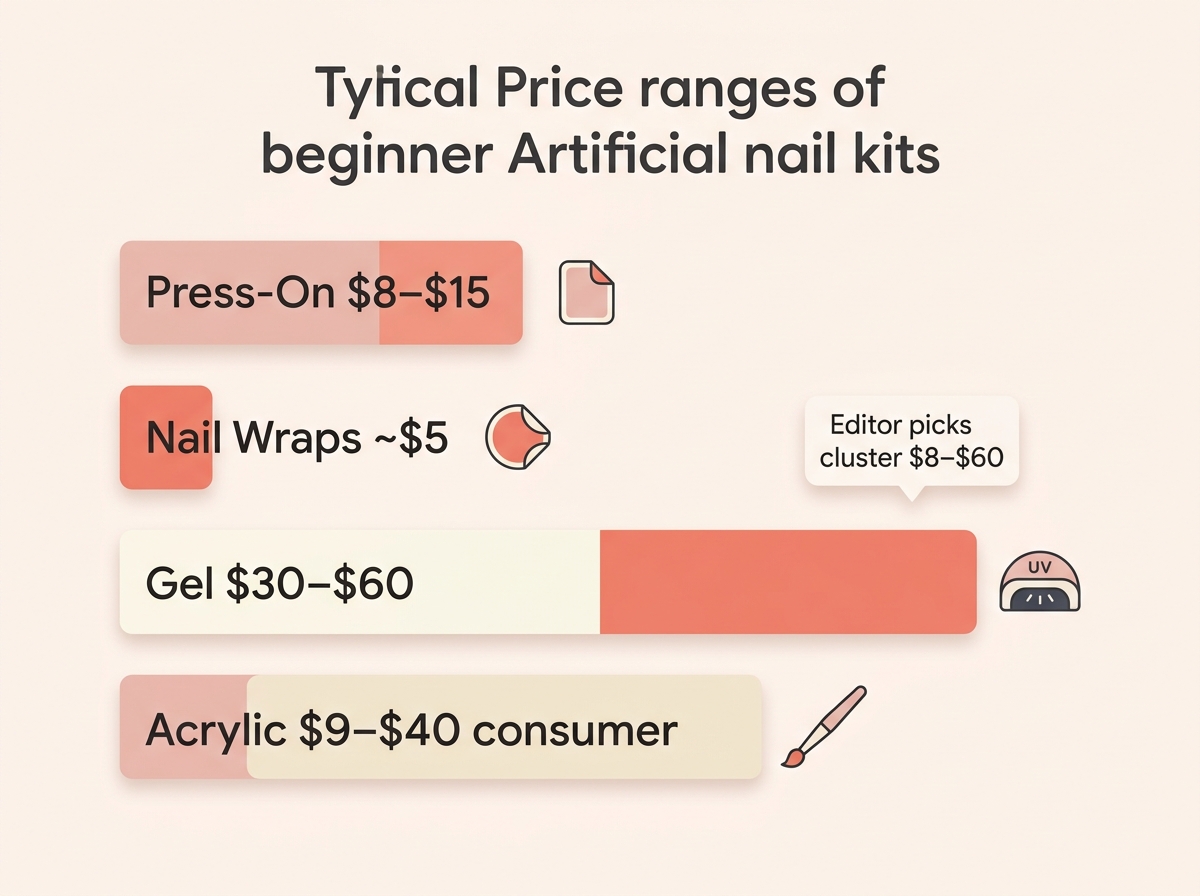 Infographic of beginner artificial nails kit costs comparing press-on, wraps, gel and acrylic prices