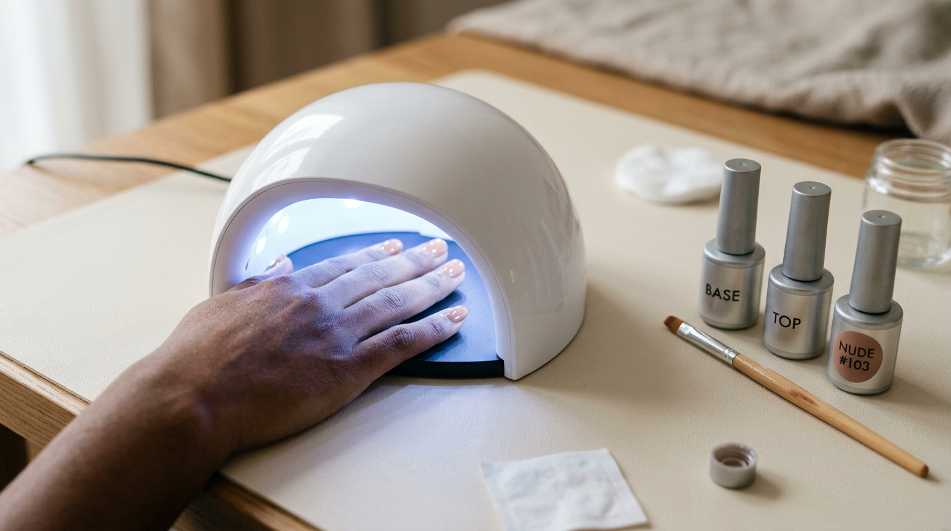 Beginner gel artificial nails kit with hand curing under a UV LED lamp and gel polish bottles