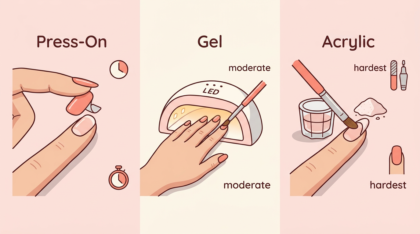 Comparison of press-on, gel and acrylic artificial nails kit types for beginners by difficulty