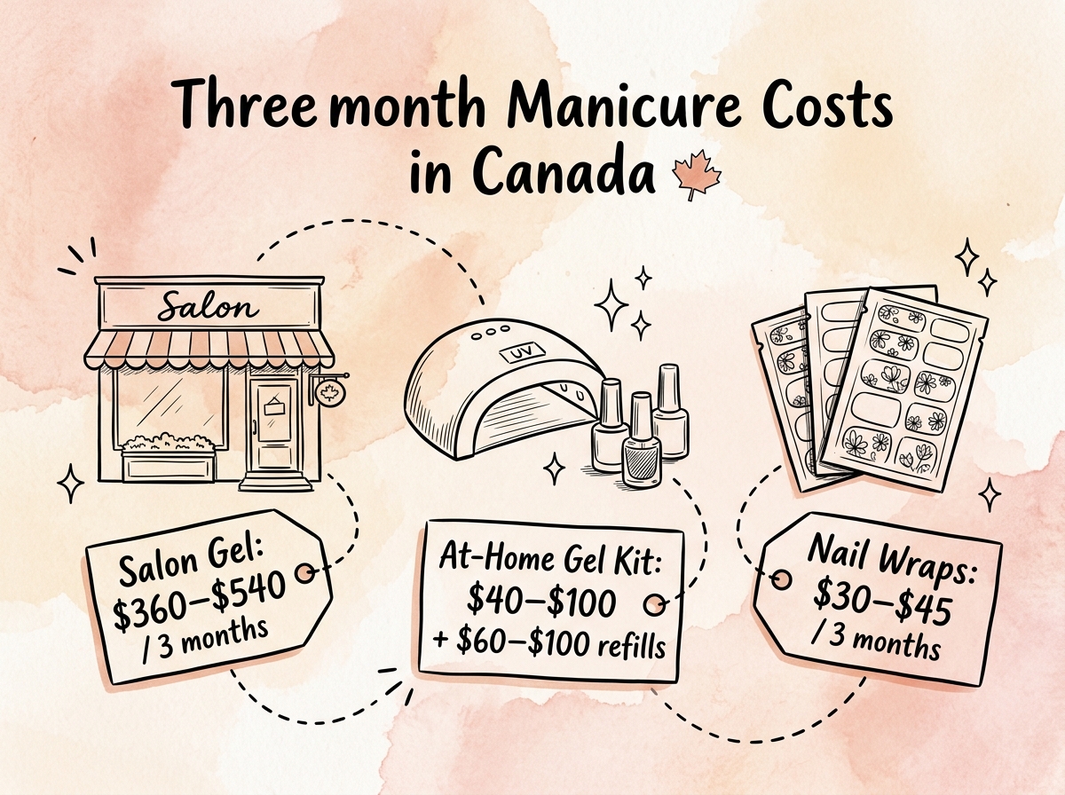 Editorial sketch infographic showing 3-month cost comparison of nail wraps vs gel polish at salon and at home in Canada