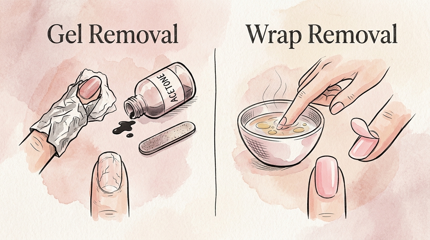 Editorial sketch comparing nail wraps vs gel polish removal showing acetone foil method versus gentle warm water soak