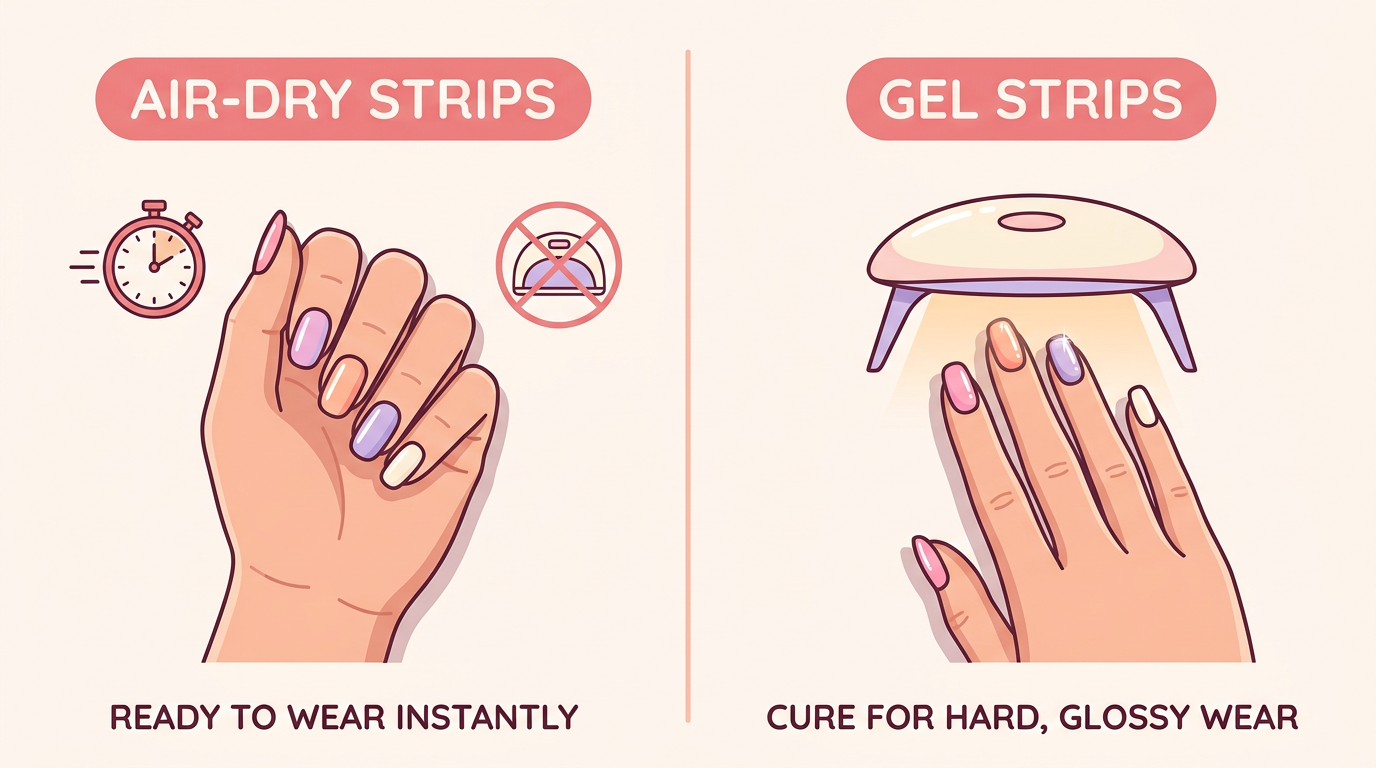 Comparison of air-dry versus gel stick on nail polish strips showing instant wear versus UV lamp curing