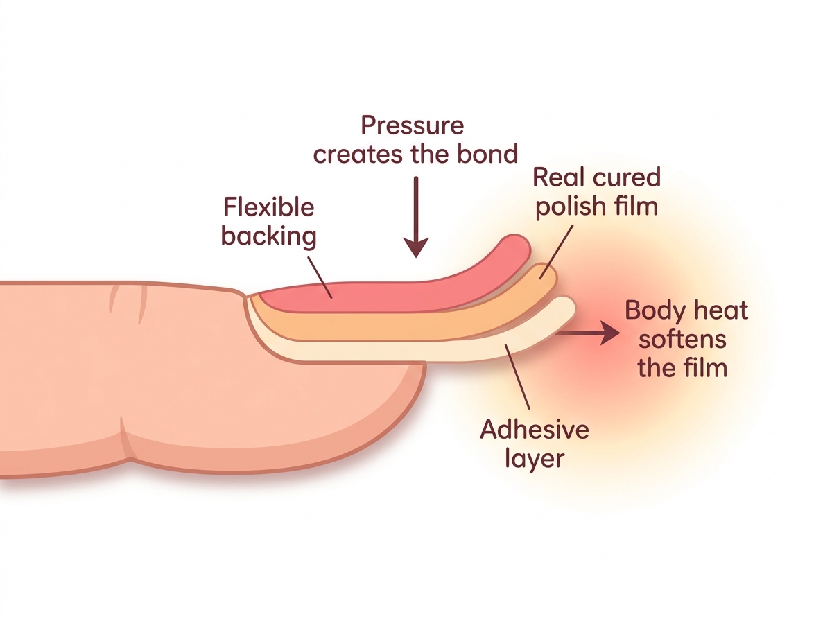 Diagram showing how stick on nail polish strips bond to the nail with polish film, adhesive, heat and pressure