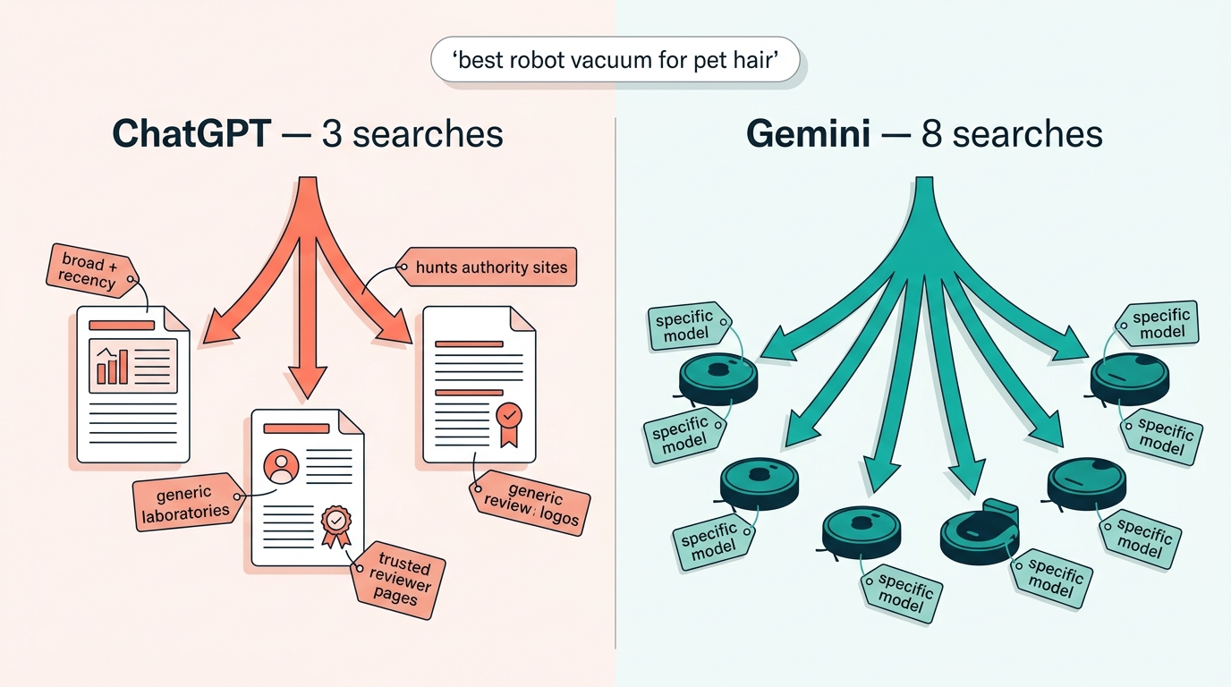 Comparison of ChatGPT vs Gemini query fan-out for the best robot vacuum for pet hair search
