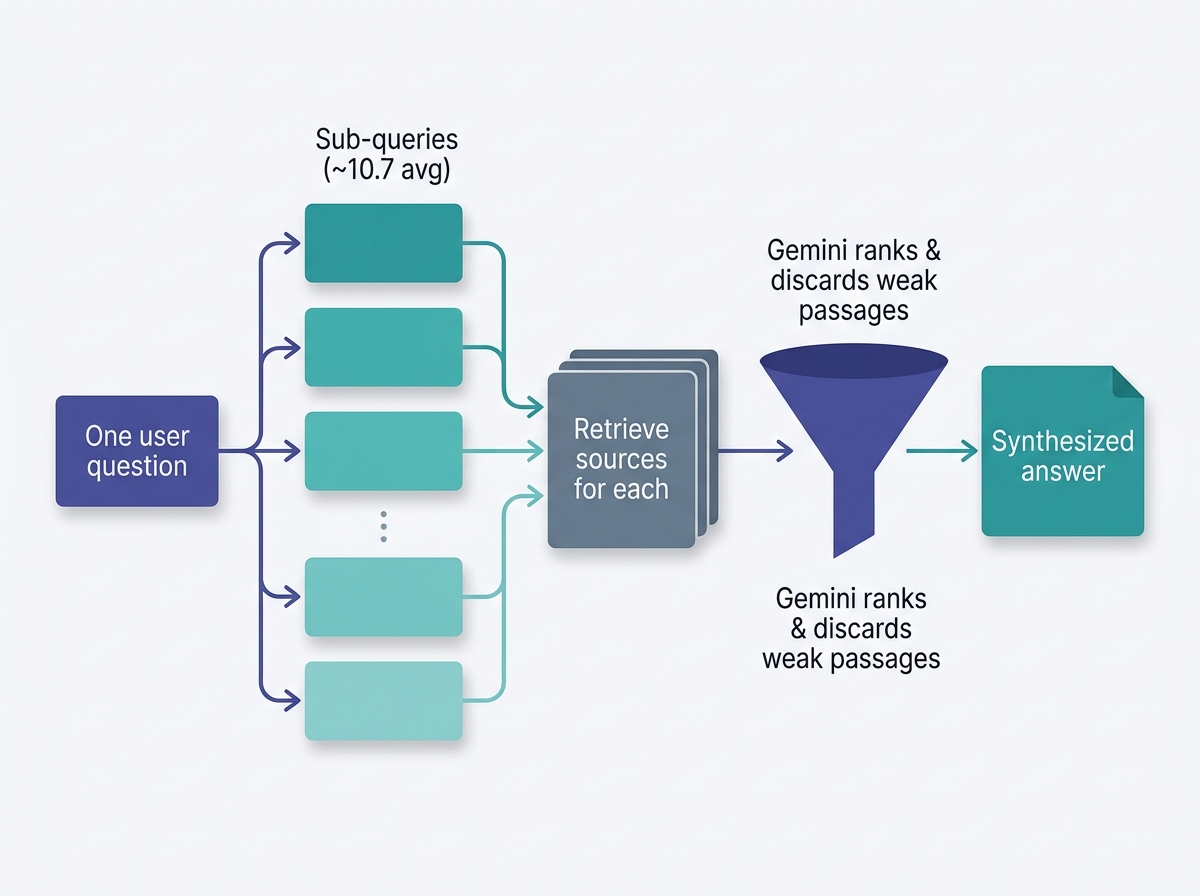 Diagram of the query fan-out pipeline decomposing one question into sub-queries then synthesizing an answer