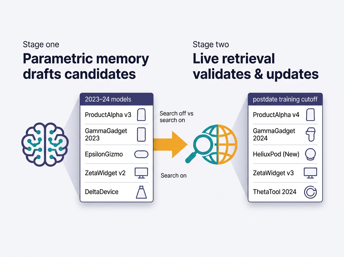 Two-stage retrieval diagram showing query fan-out validating draft brands against the live web